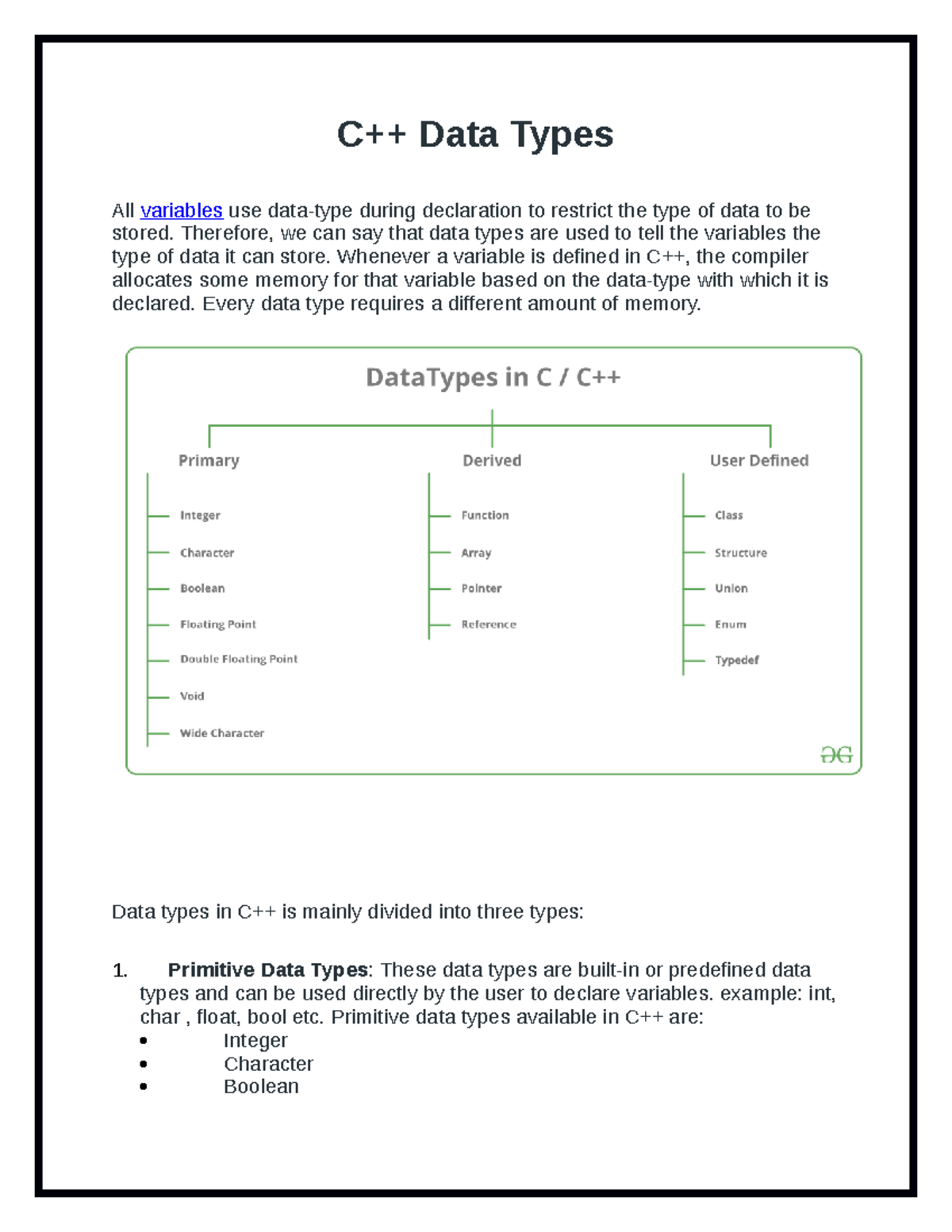 Data types in c++ . primary data type ,derived data type, user defined ...