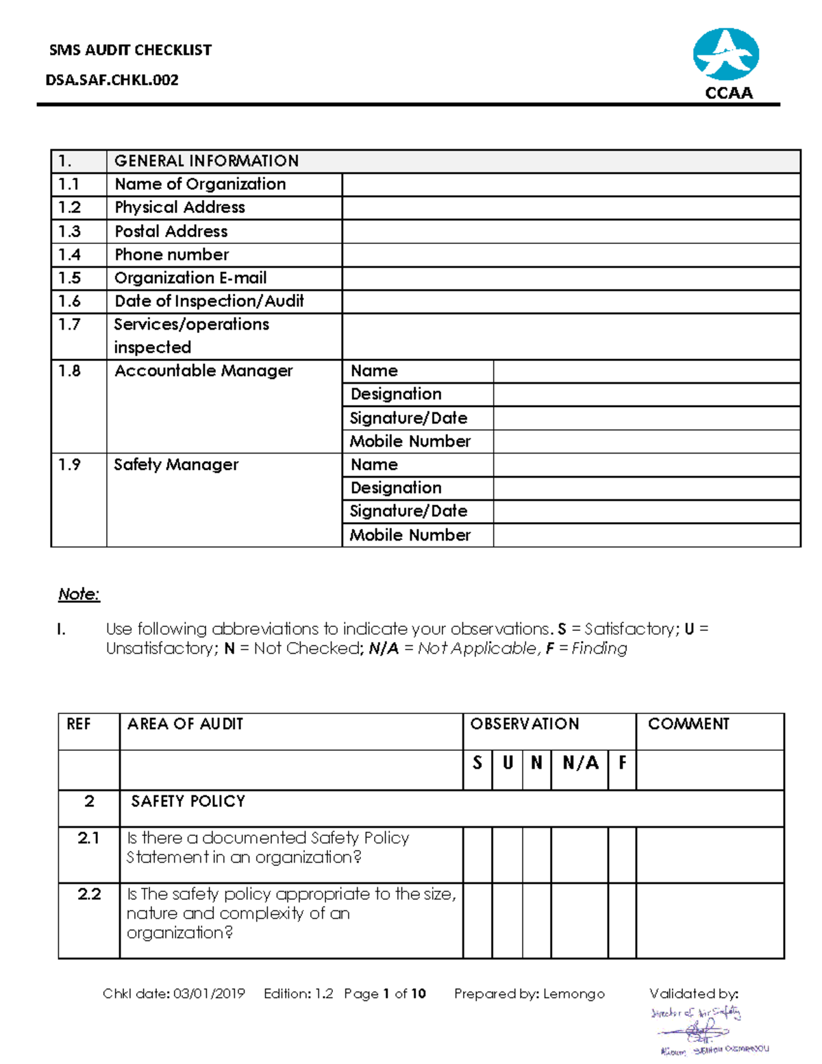 SMS Audit Checklist DSA.SAF.CHKL.002 - Compliance Evaluation Notes ...