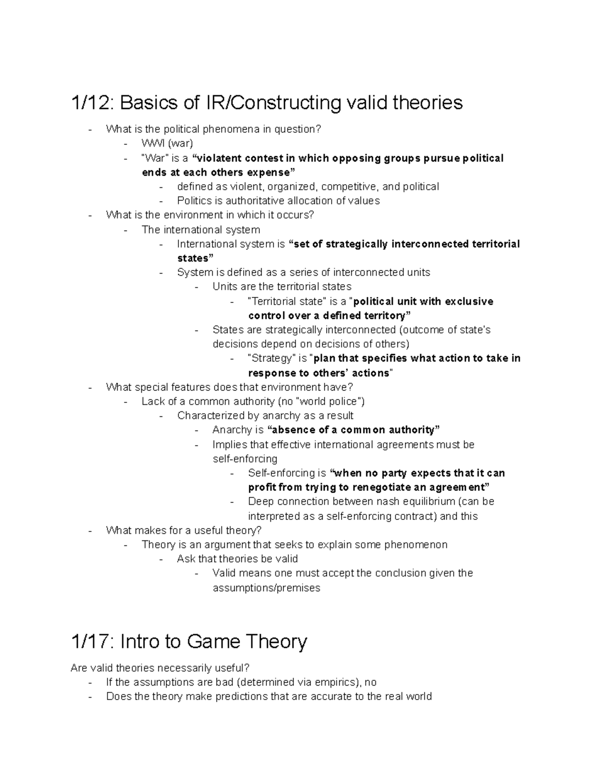 Exam 1 Study Guide on IR Theories & Game Theory Concepts - Studocu
