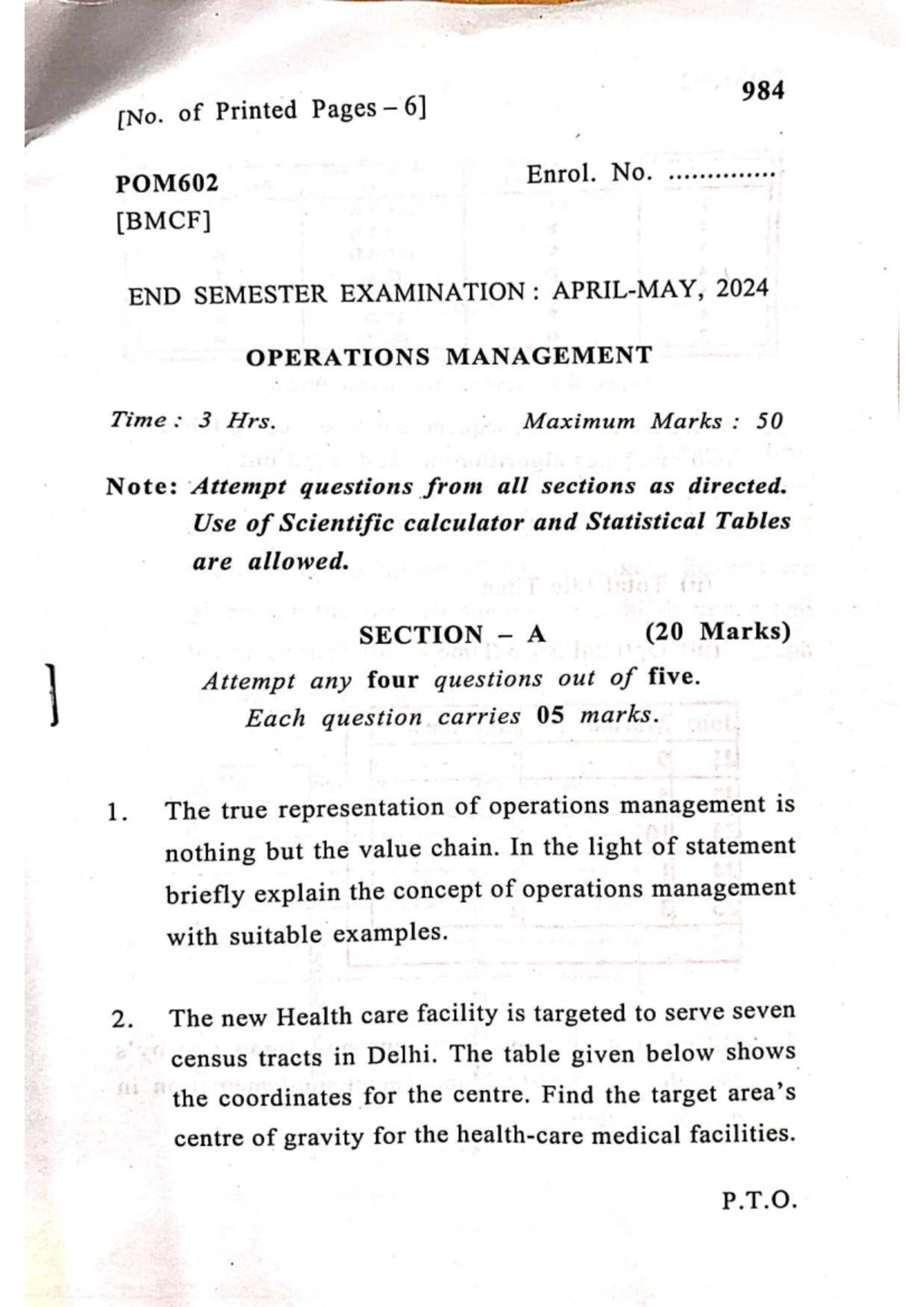 POMG602 End Semester Exam: Operations Management Paper 2024 - Studocu