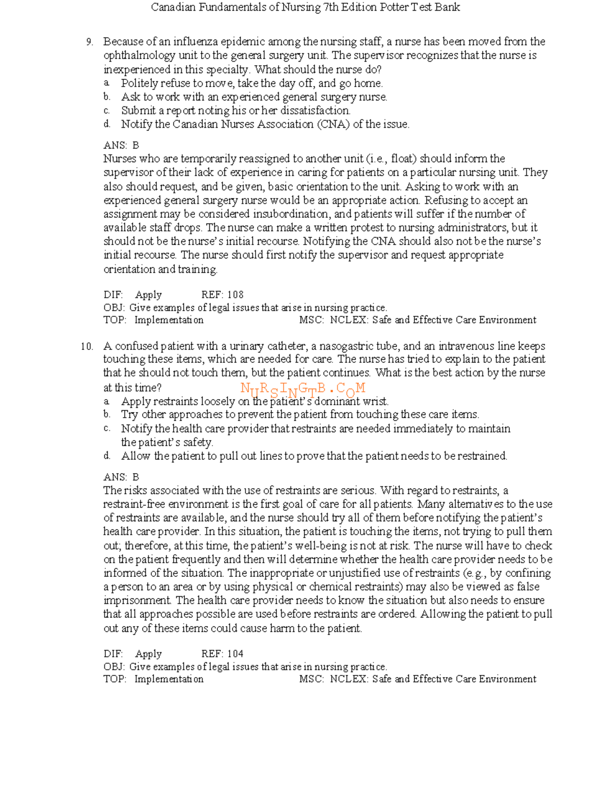 Canadian Fundamentals of Nursing 7th Ed. Potter Test Bank Insights ...