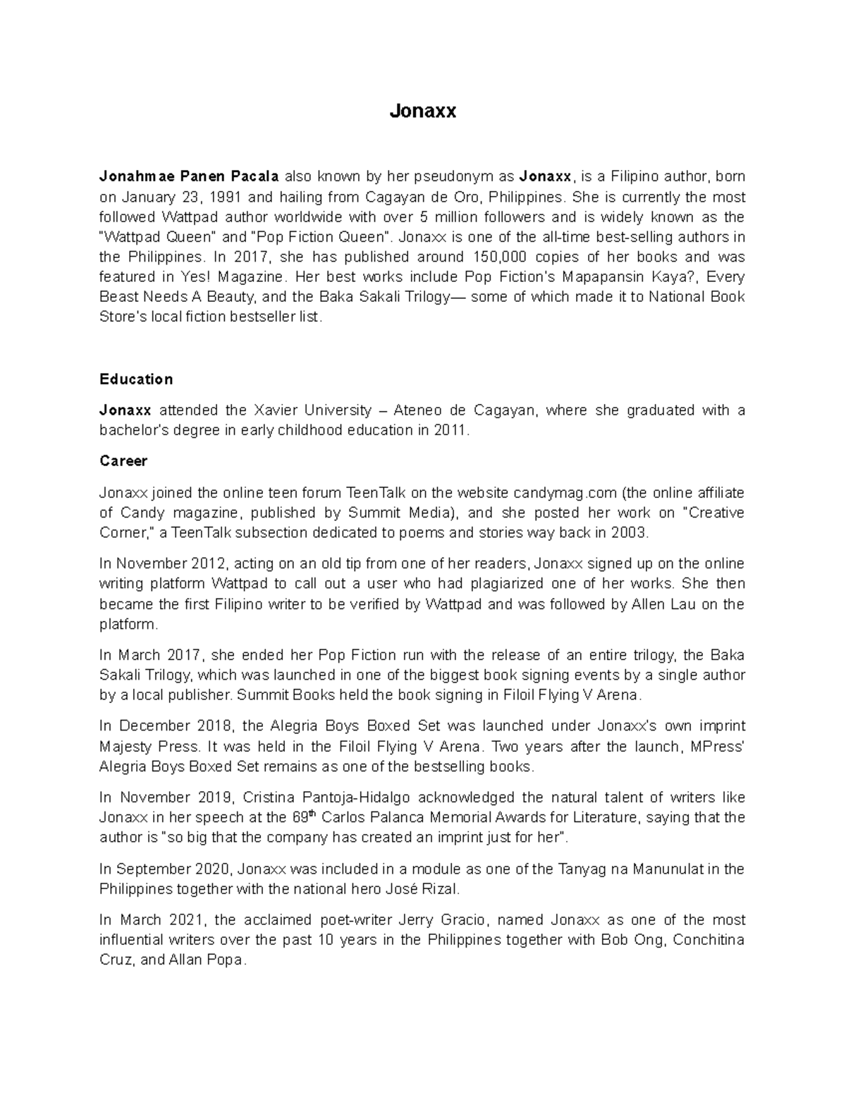 Jonaxx: Overview of Her Life, Career, and Major Works - Studocu