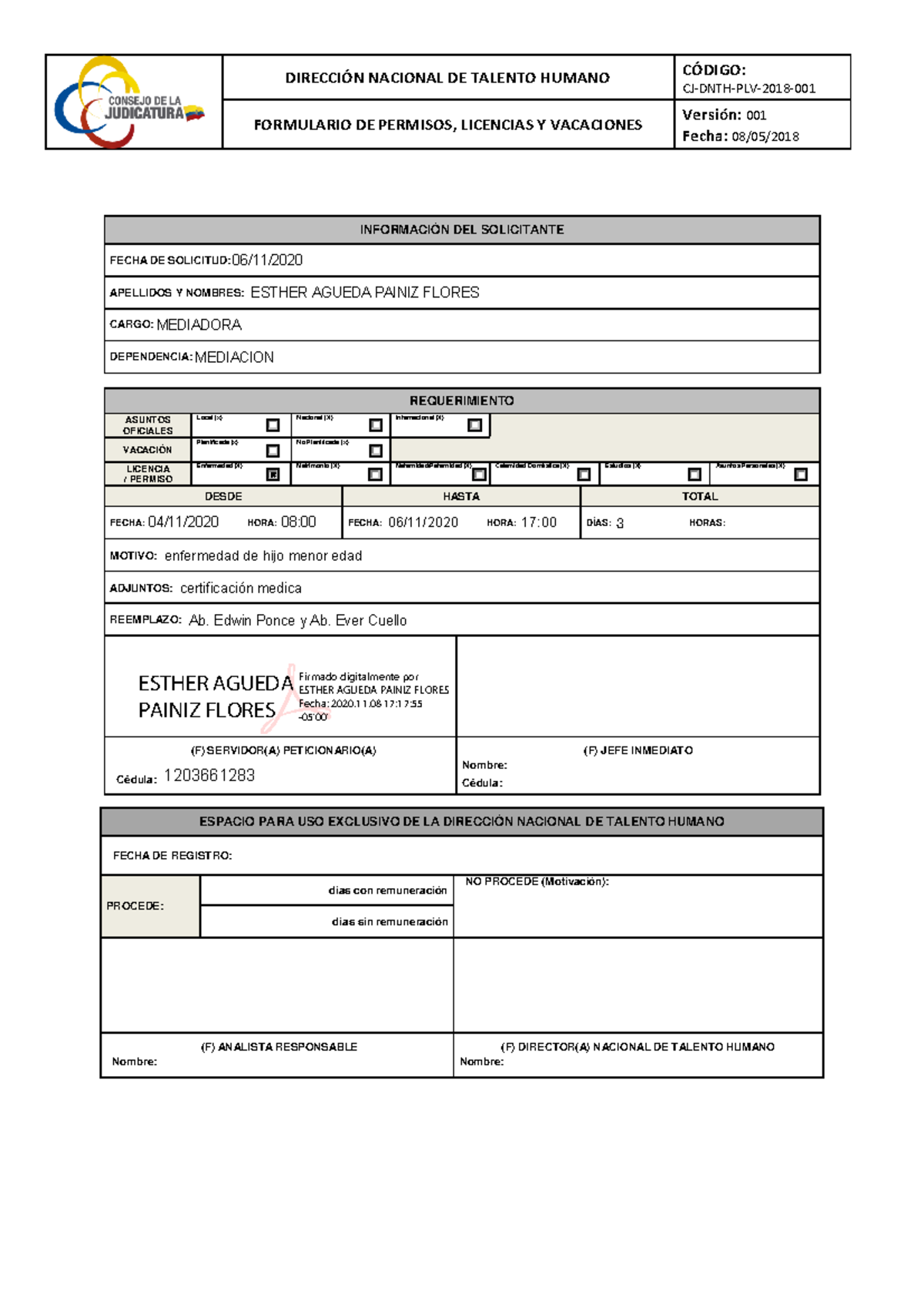 Formulario Permisos y Licencias por Enfermedad de Hijo Menor LCP 2020 - Document Preview