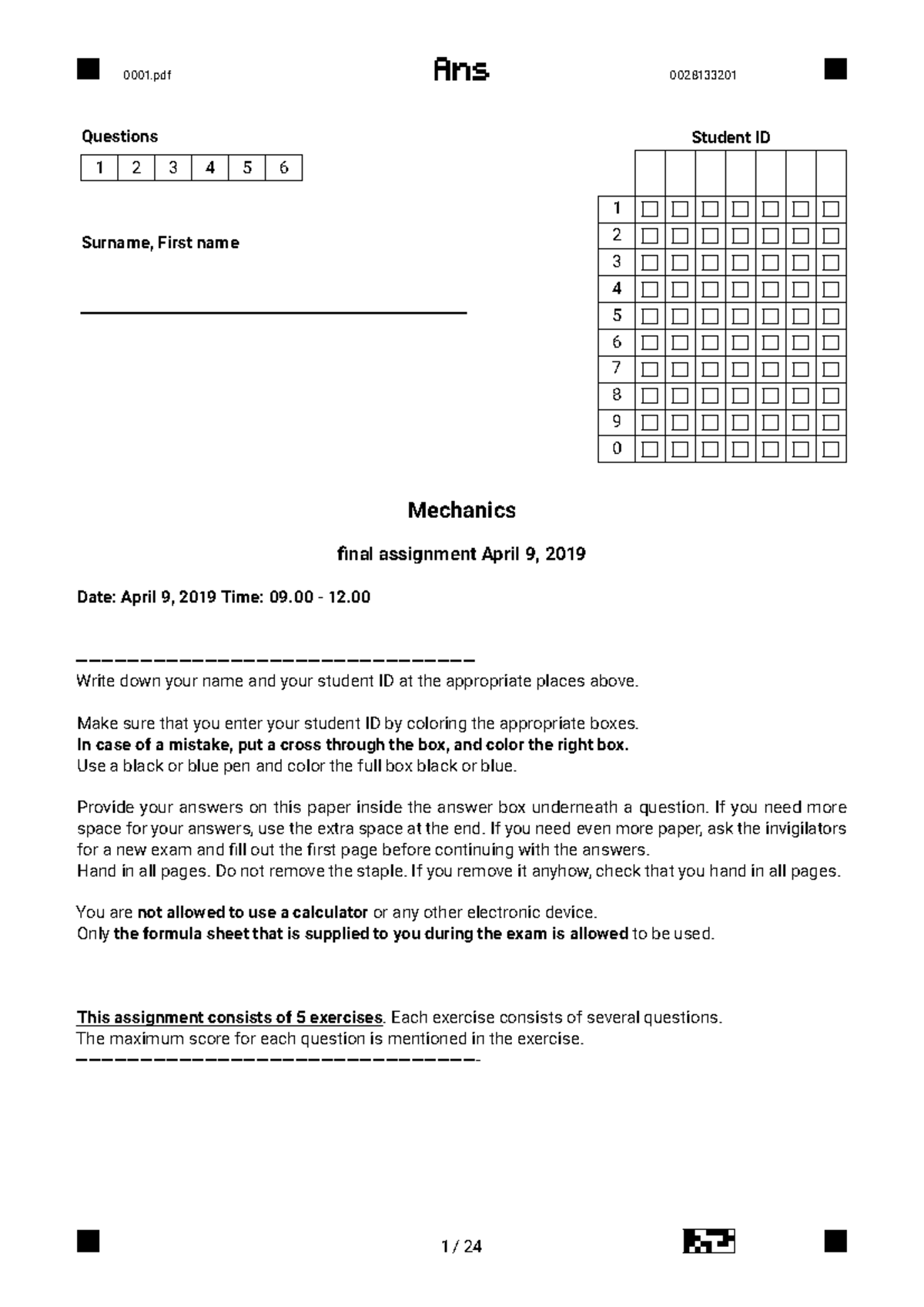 Mechanics (MEC101) Final Exam with Solutions - April 2019 - Studeersnel