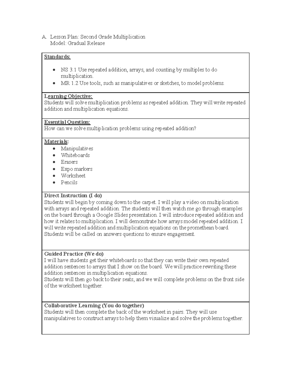 D 631 Lesson Plan: 2nd Grade Multiplication with Repeated Addition ...