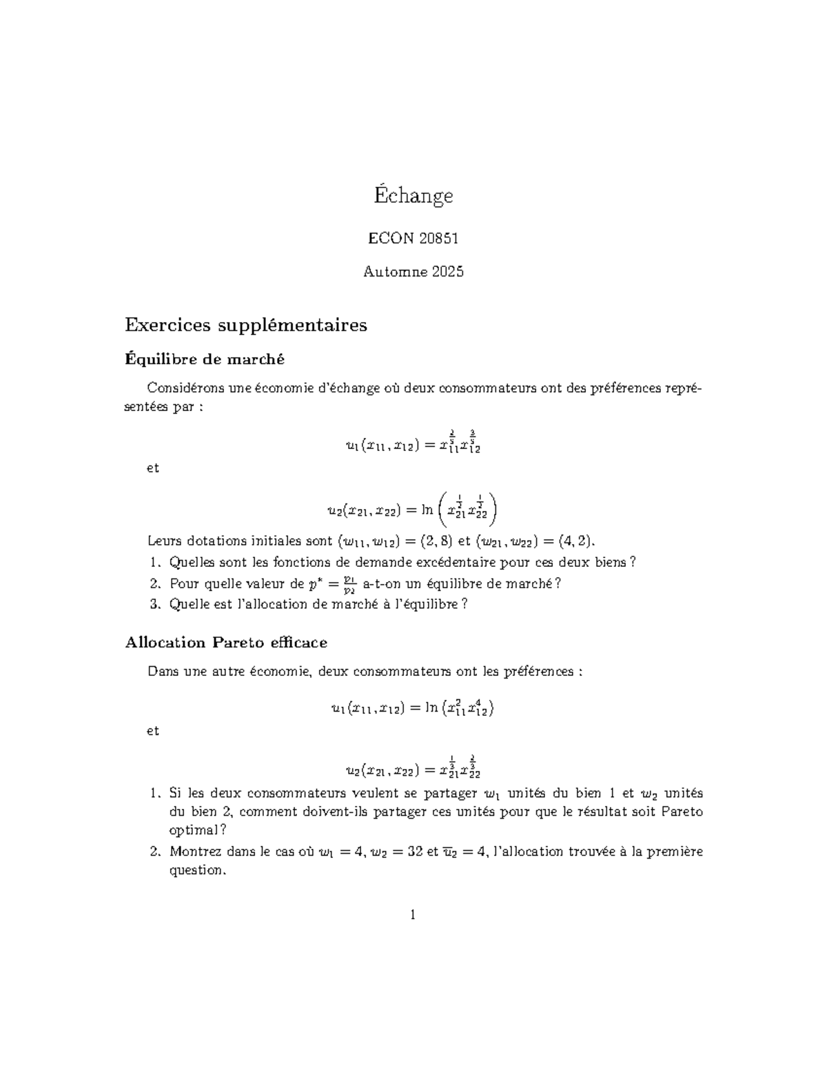 Échange ECON 20851 Automne 2025 - Exercices sur l'Équilibre de Marché ...