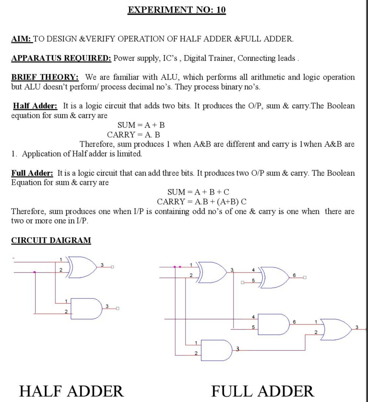 Lab Manual - Half Adder Concepts and Applications - Studocu