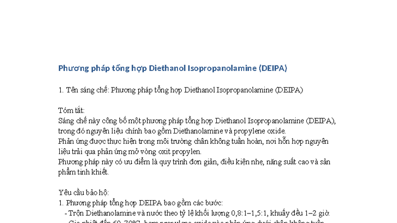 Phương pháp tổng hợp Diethanol Isopropanolamine (DEIPA) - Studocu