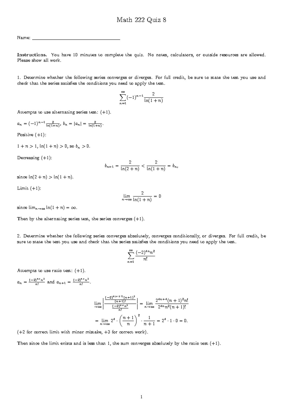 Math 222 Quiz 8 Solutions - Series Convergence & Divergence Explained ...