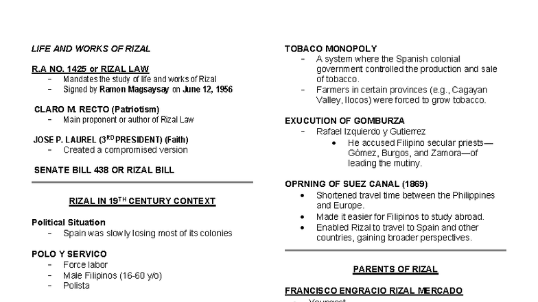 LIFE AND WORKS OF RIZAL: A Comprehensive Study (R.A. No. 1425) - Studocu