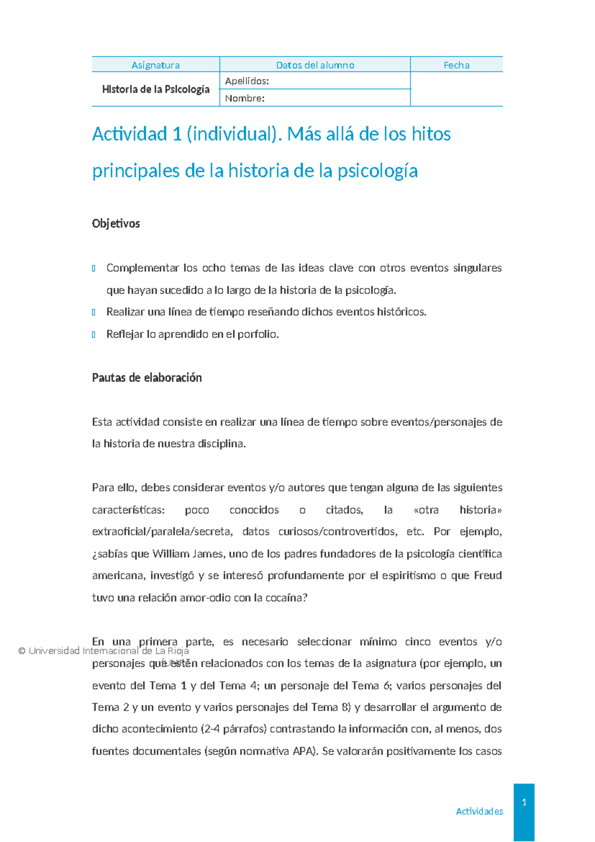Tarea 1 - Línea de tiempo en la Historia de la Psicología (UNIR) - Document Preview