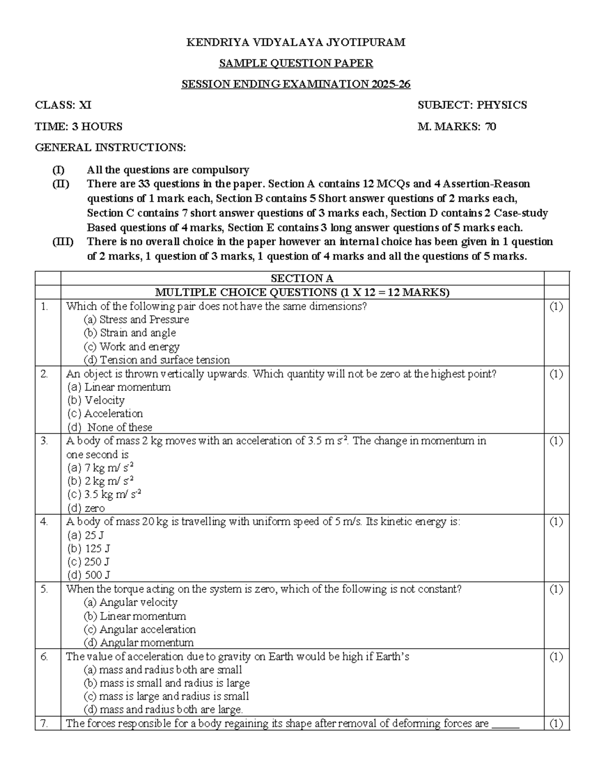 SEE Physics XI 2 - Sample Question Paper for Session Ending Exam - Studocu