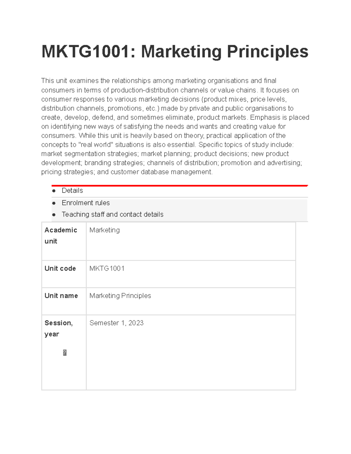 MKTG1001 Marketing Principles Course Outline & Assessment Details - Studocu