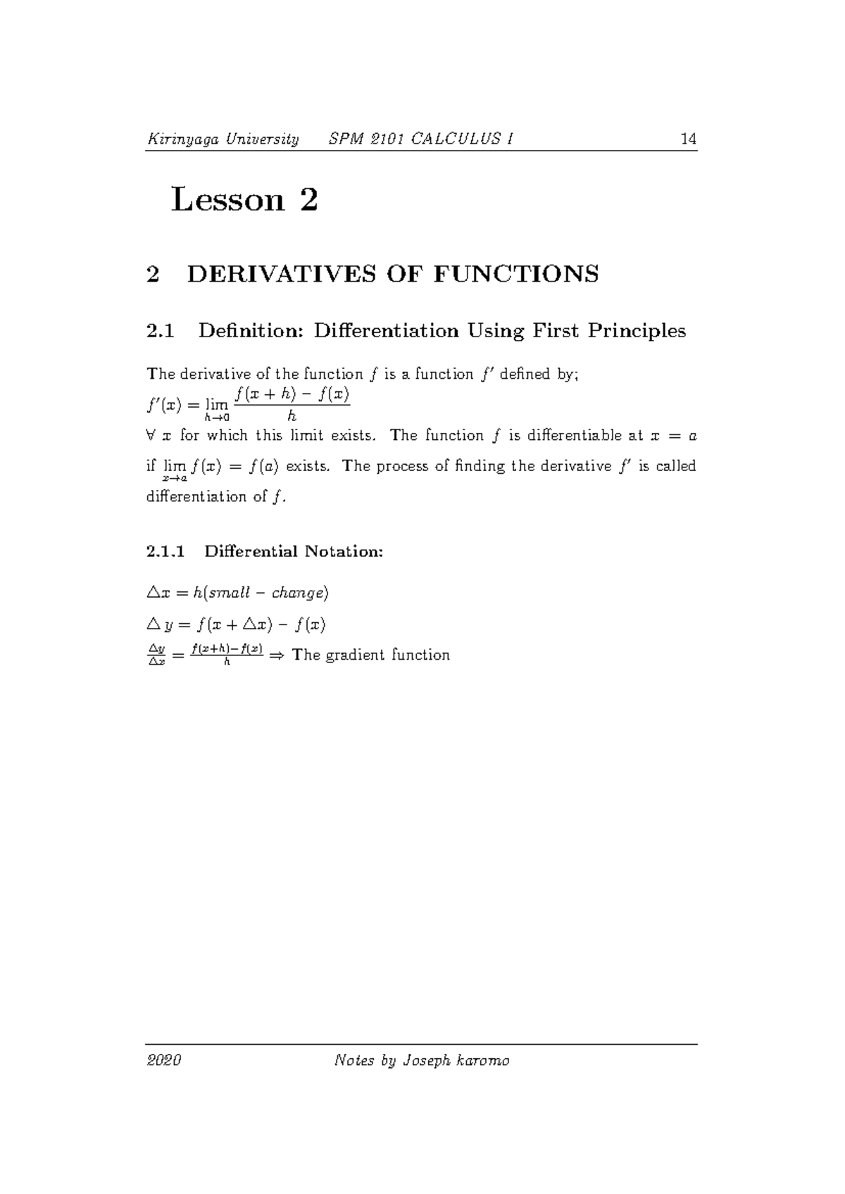 SPM 2101 CALCULUS I Lesson 2: Differentiation Notes - Studocu