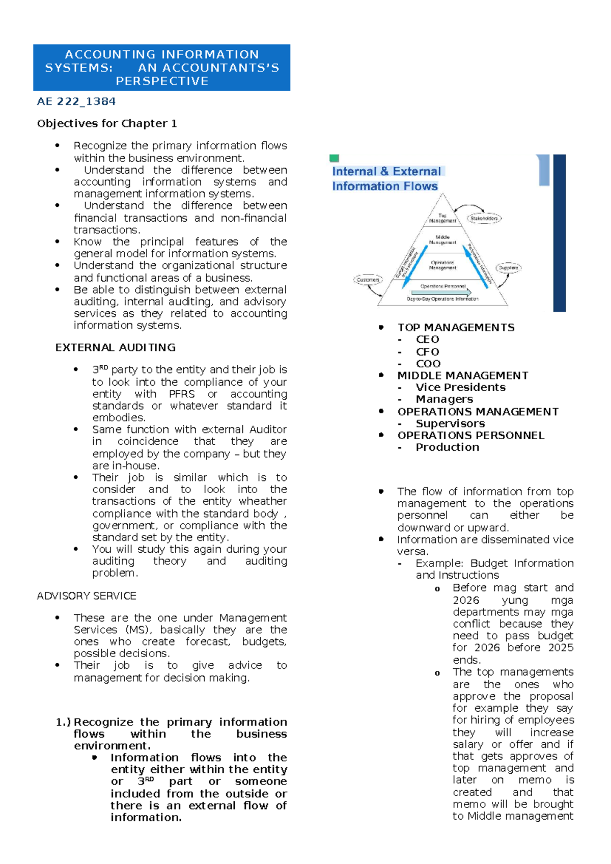 Accounting Information Systems: Chapter 1 Overview and Objectives - Studocu