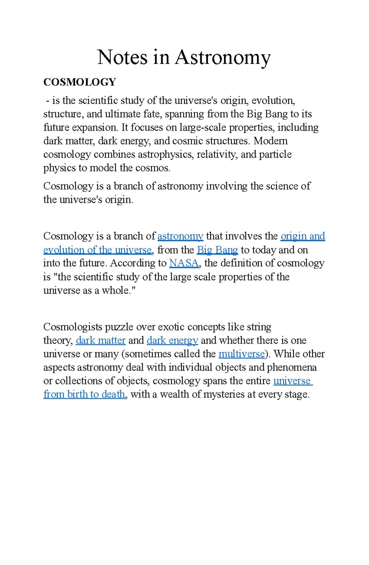 Cosmology Notes: Understanding the Universe's Origin & Expansion (ASTR ...