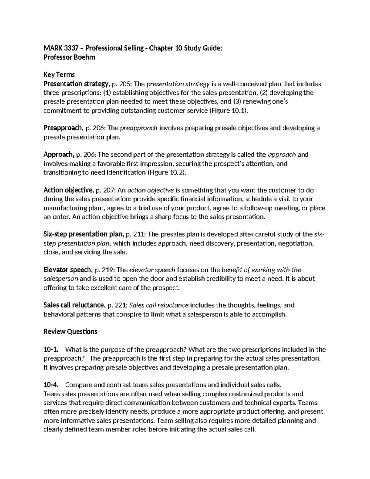 MARK 3337 – Professional Selling - Chapter 10 Study Guide - MARK 3337 ...