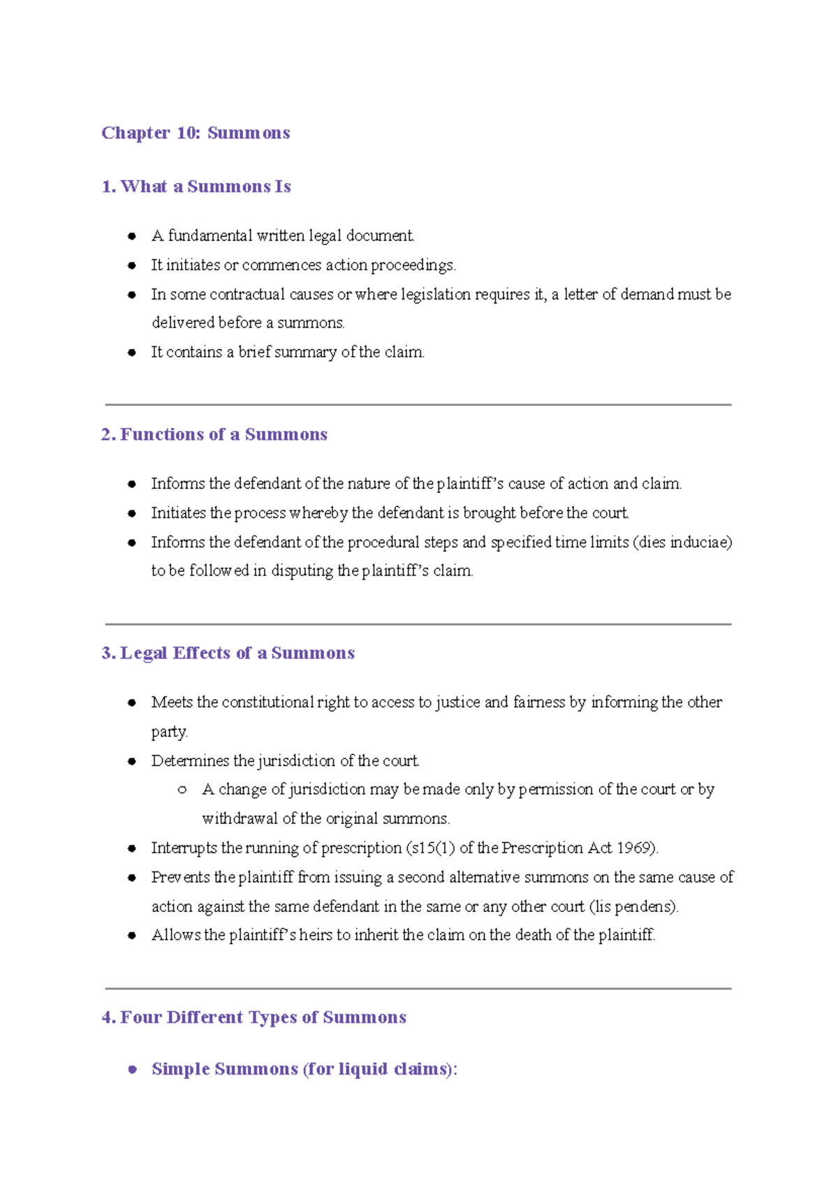 Chapter 10: Summons Overview for Civil Law Exam Prep - Studocu