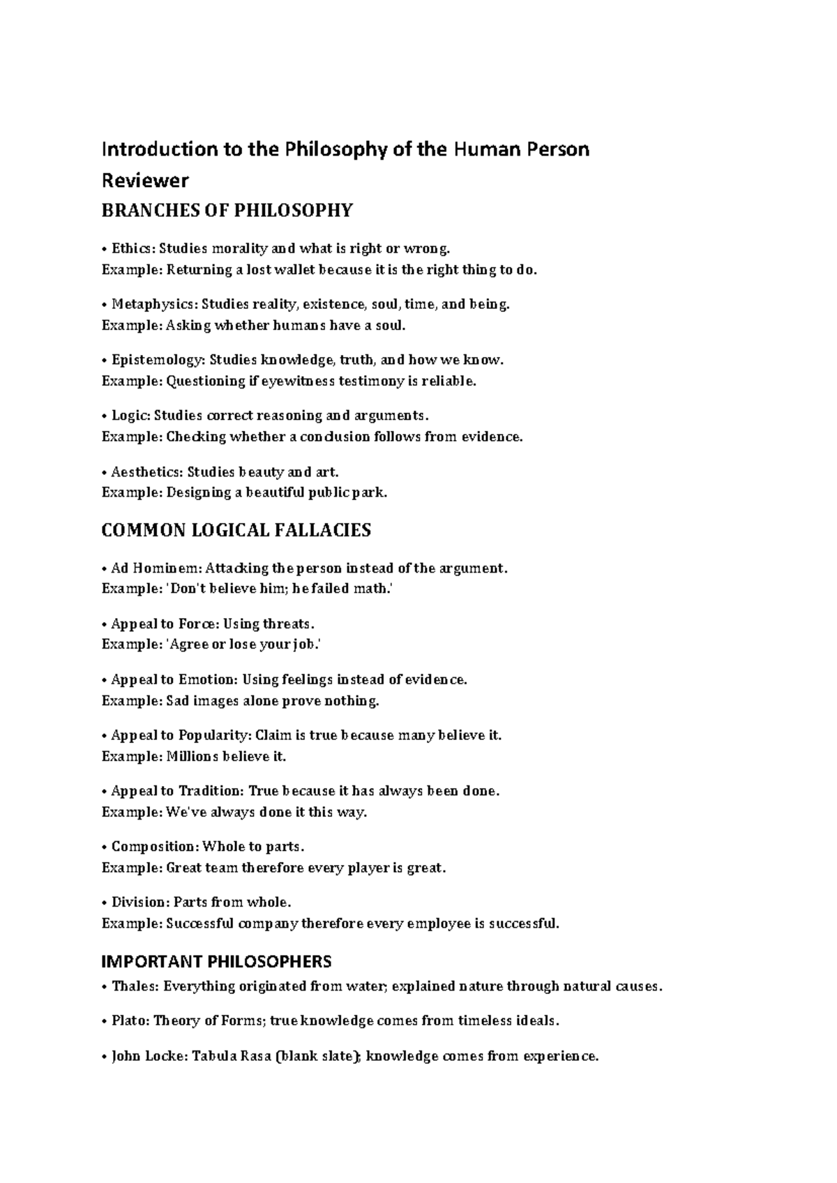 Philo-001: Introduction to Philosophy of the Human Person Reviewer ...