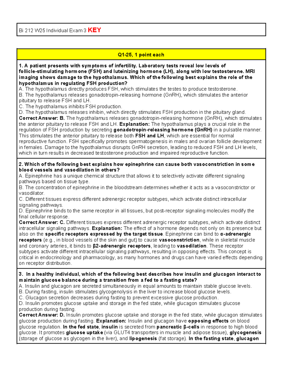 Bi 212 W25 Individual Exam 3 - Detailed Answer Key & Explanations - Studocu