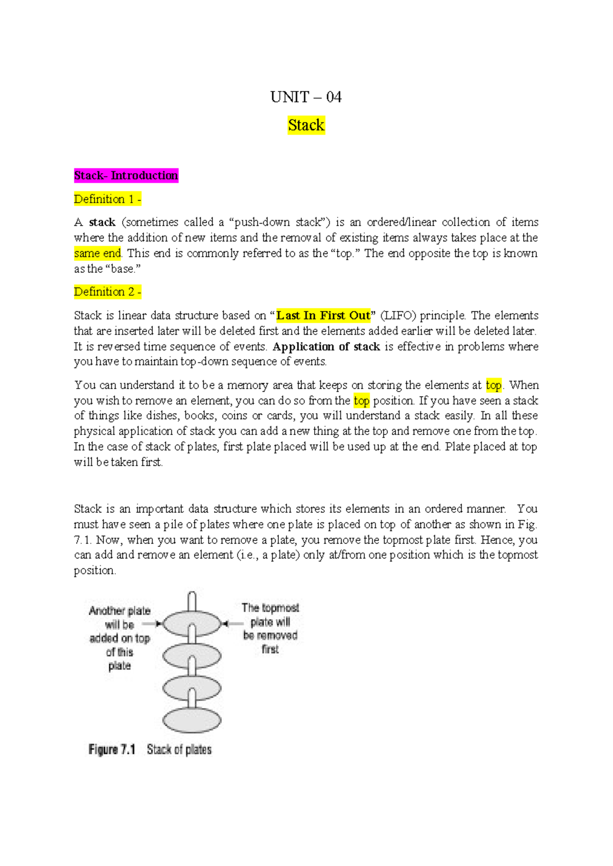 Unit 04: Introduction to Stacks and Their Operations - Studocu