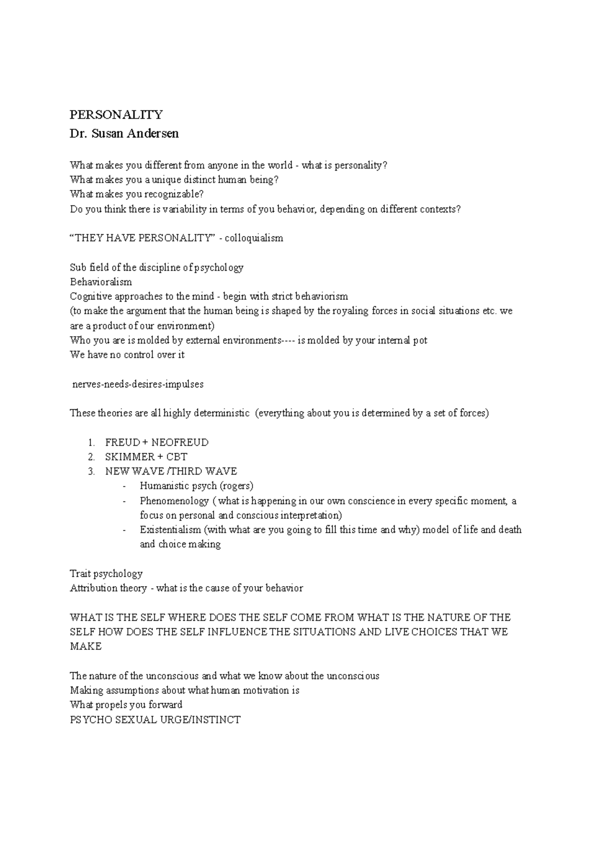 Personality Notes - PERSONALITY Dr. Susan Andersen What makes you ...