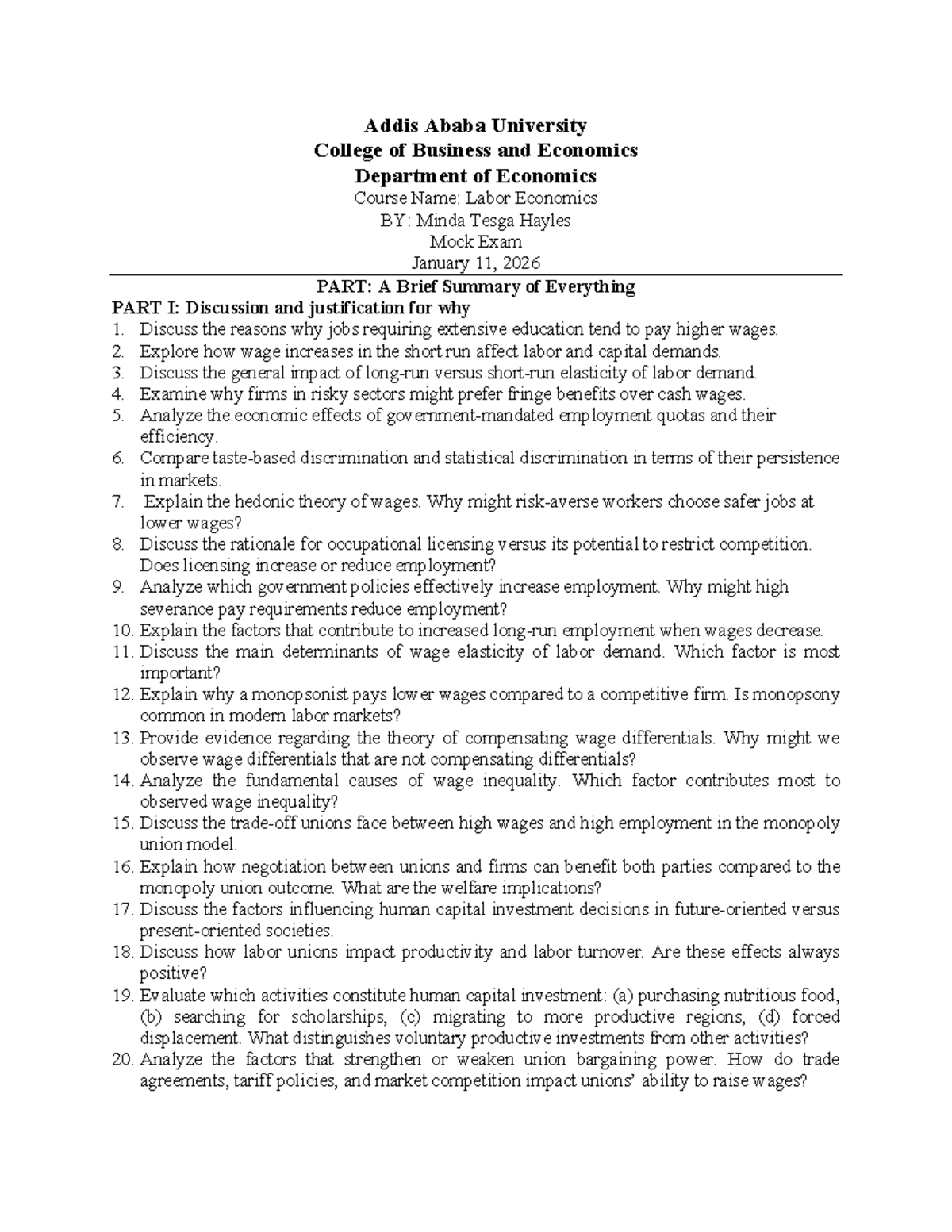 Labor Economics Mock Exam II: Key Concepts & Graphical Analysis - Studocu