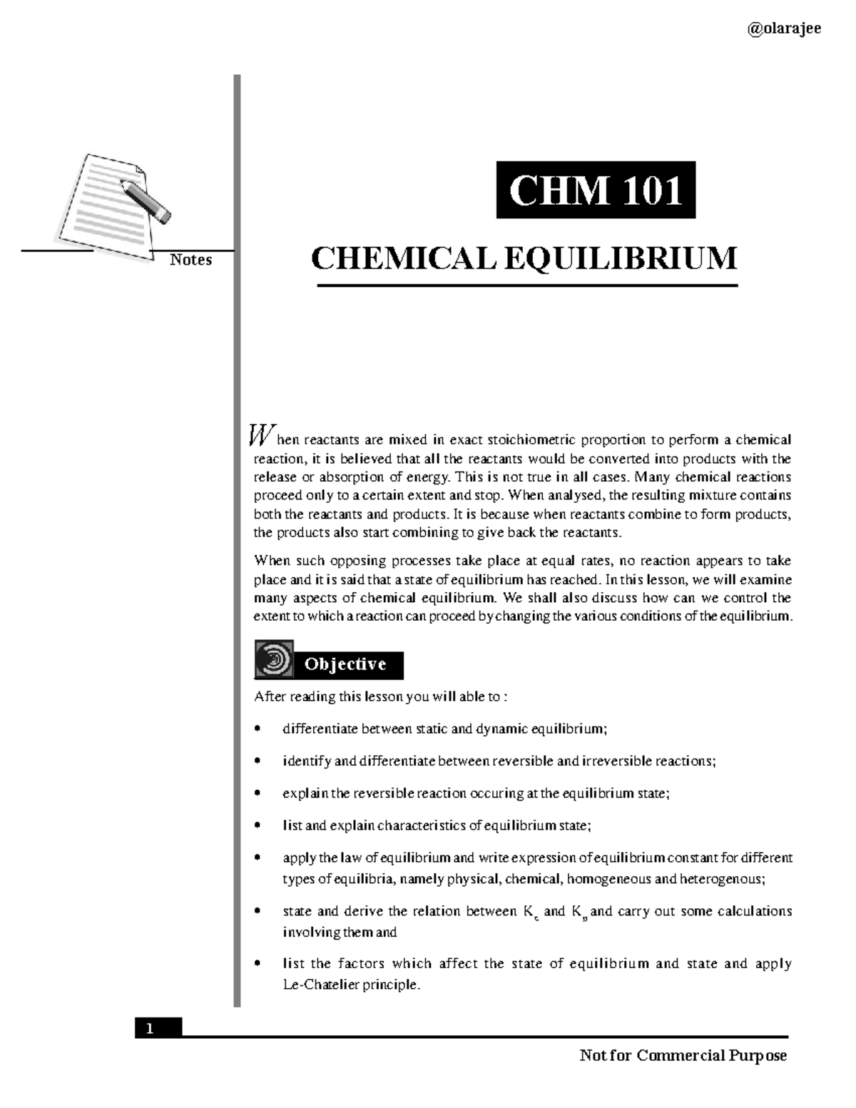 CHM 101 Chemical Equilibrium: Comprehensive Study Notes - Studocu