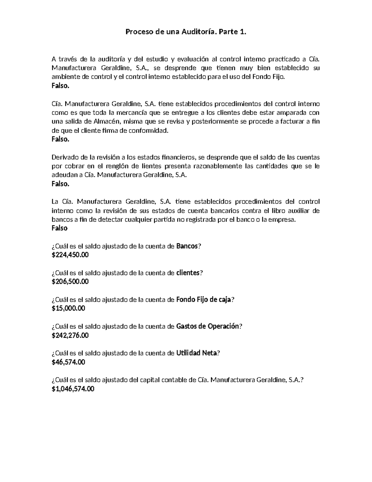 Examen Proceso Auditoría - Parte 1: Análisis de Control Interno - Studocu