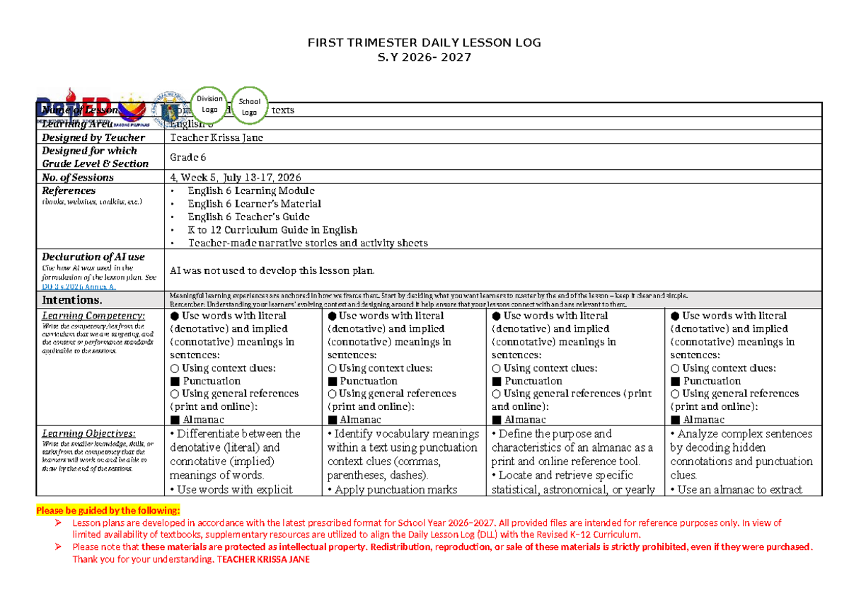 DLL English 6 Term 1 Week 5 Lesson Plan by Teacher Krissa Jane - Studocu