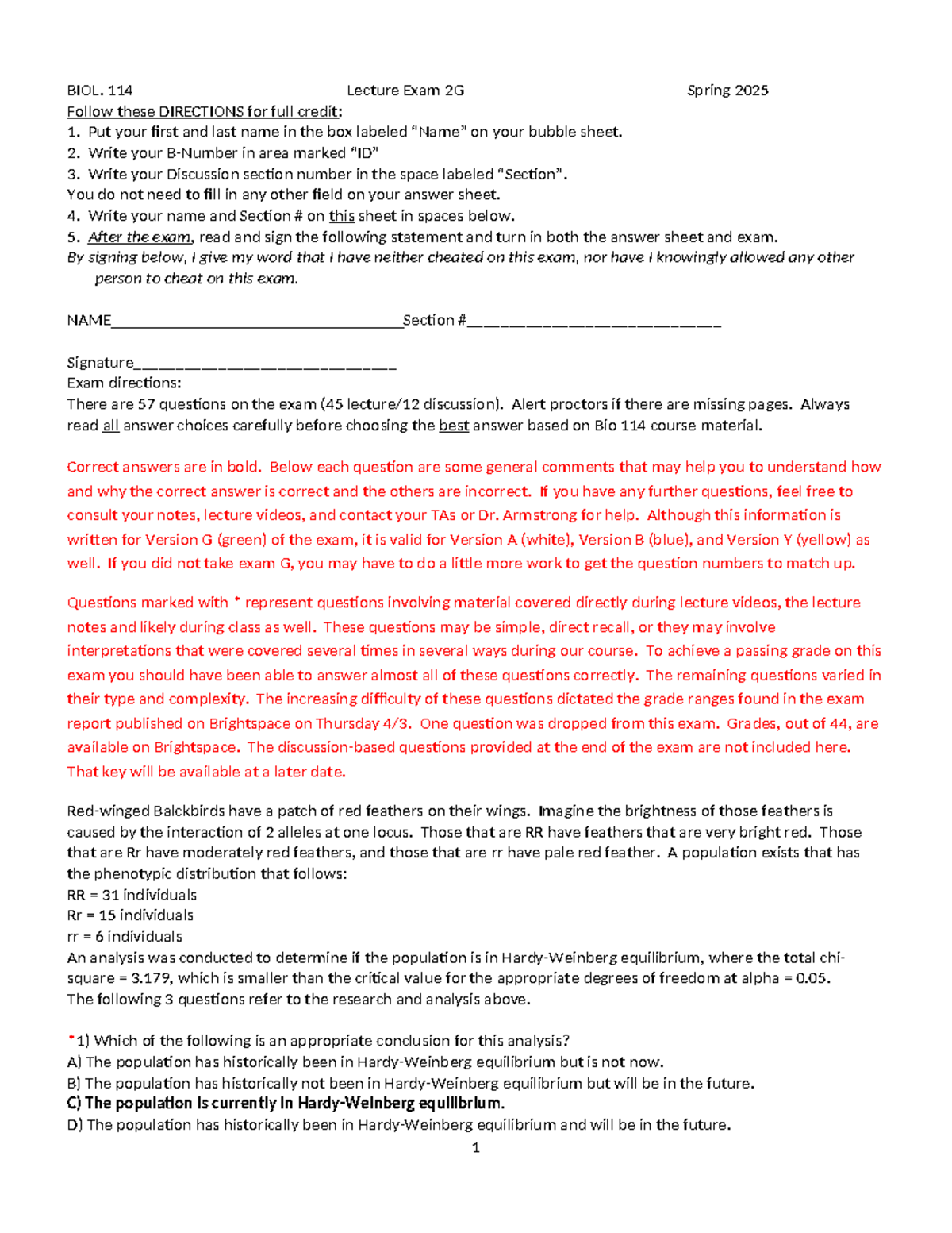 Biol. 114 Lecture Exam 2G Spring 2025 Key and Directions - Studocu