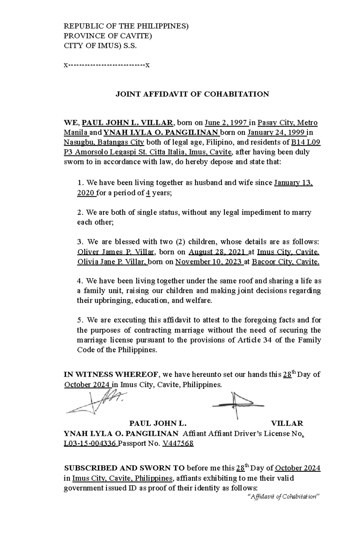 Legal Research and Writing: Joint Affidavit of Cohabitation - Studocu