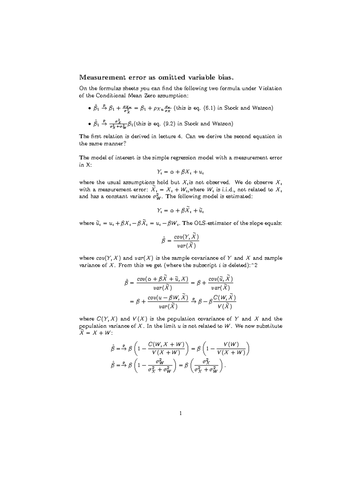 Measurement Error & Omitted Variable Bias: Relation Formulas Sheet ...