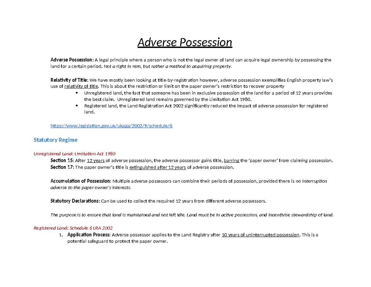 Adverse Possession: Legal Principles and Case Studies (Law 101) - Studocu