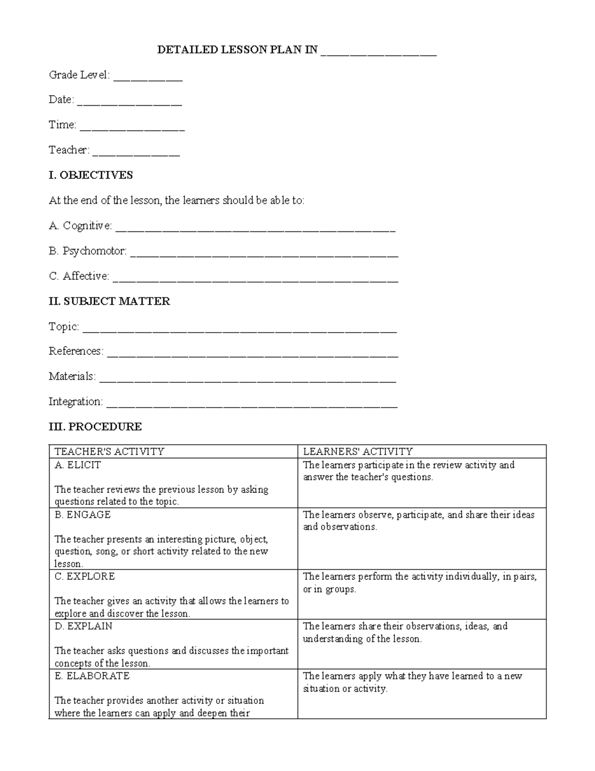 7Es Detailed Lesson Plan Format for Grade Level Instruction - Studocu