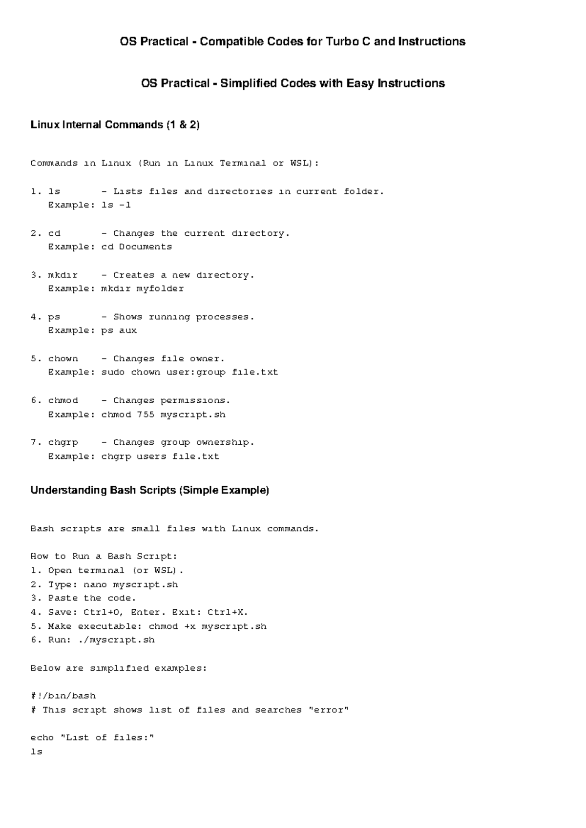 OS Practical Guide: Turbo C & Linux Commands Simplified - Studocu