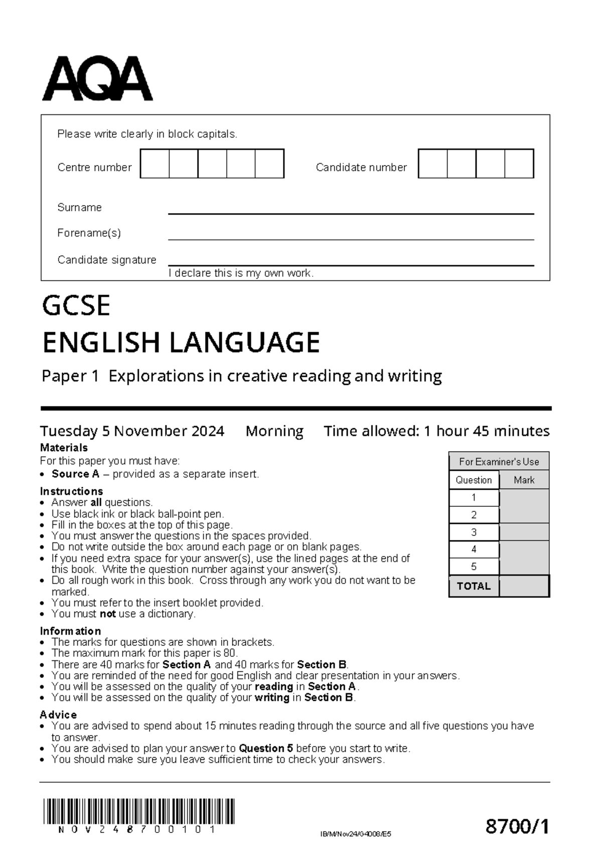 GCSE ENGLISH LANGUAGE Paper 1 - Creative Reading & Writing Nov 2024 ...