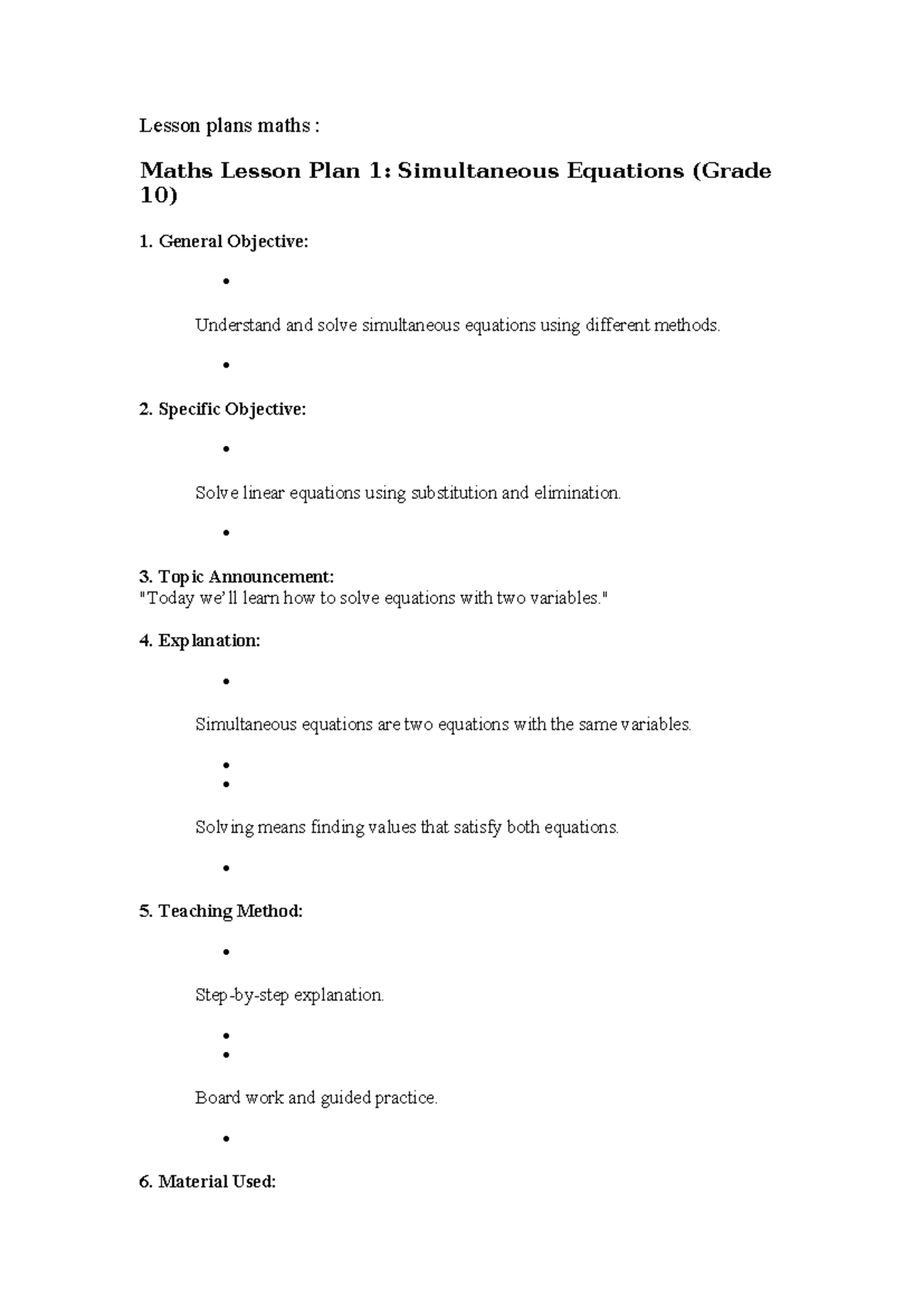 Maths Lesson Plans (Grade 10): Simultaneous Equations & Matrices - Studocu