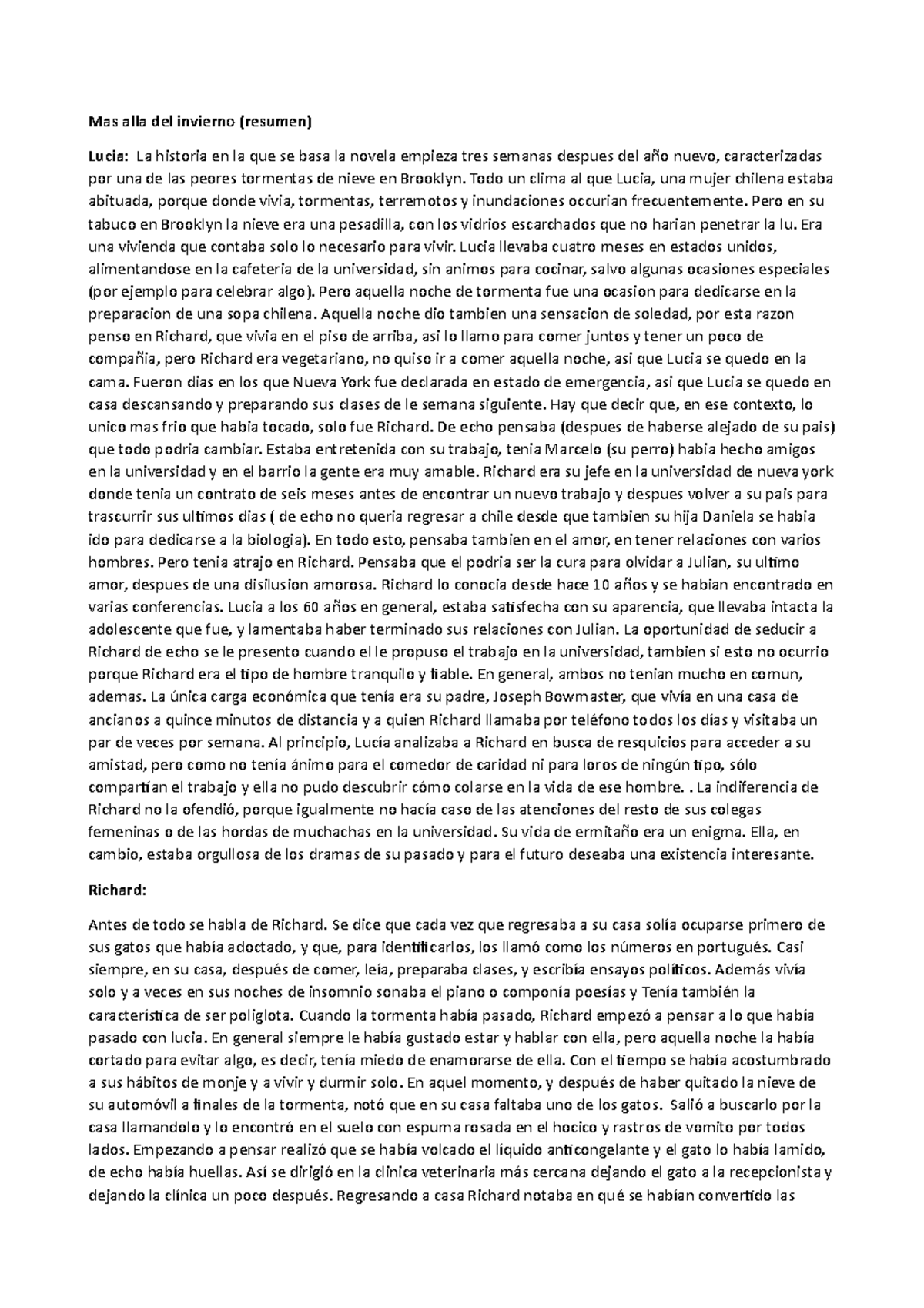 Mas Alla del Invierno: Resumen del Texto y Personajes Principales - Document Preview