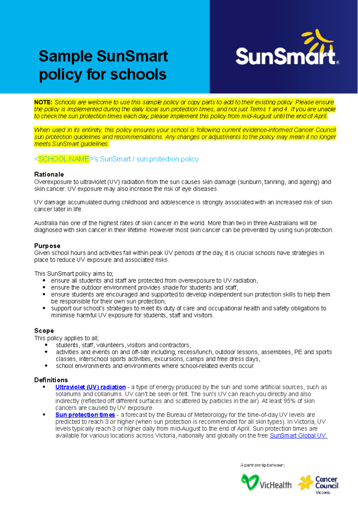 School Sample SunSmart Policy for UV Protection Guidelines - Studocu