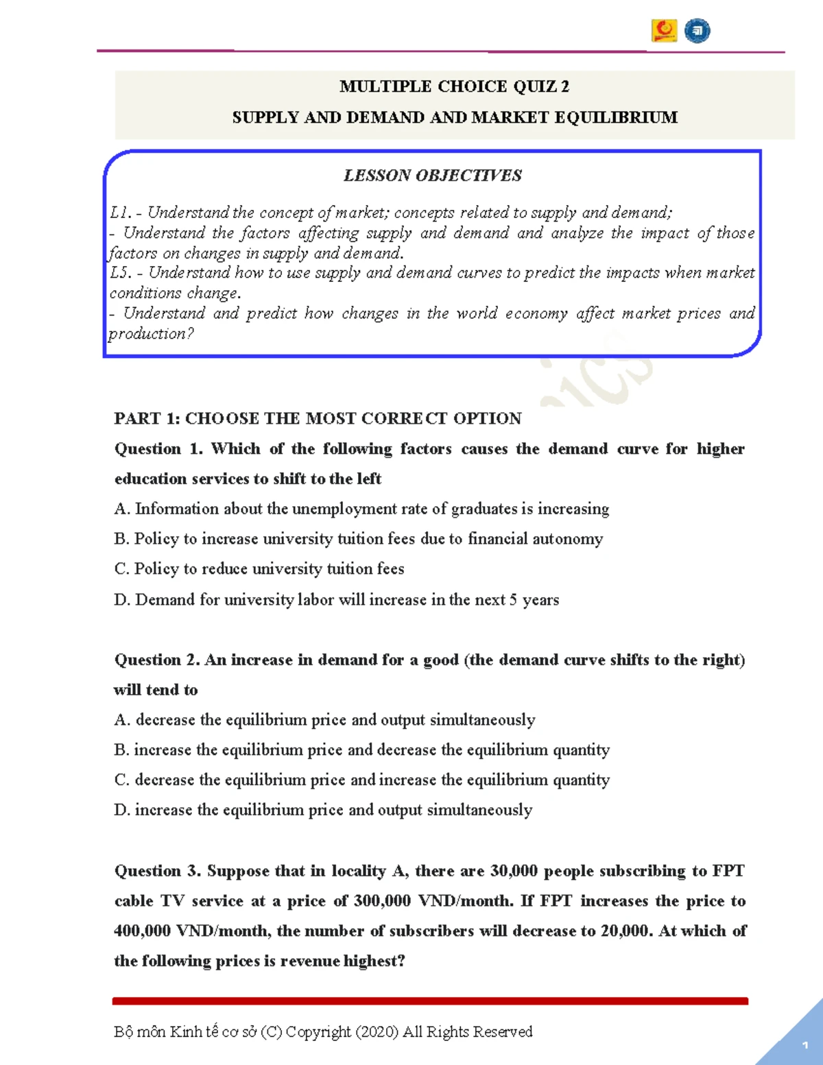 MULTIPLE CHOICE QUIZ NO. 1: MICROECONOMICS OBJECTIVES AND QUESTIONS ...