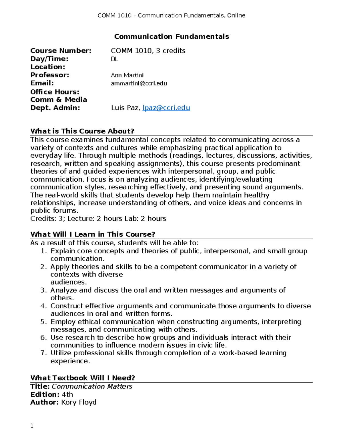 COMM1010-Syllabus-Fall-2024: Communication Fundamentals Overview - Studocu
