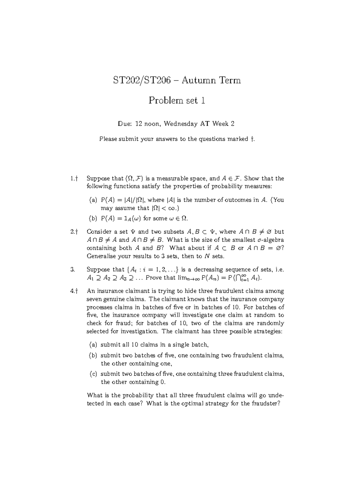 St202 at ps1 - ST202/ST206 – Autumn Term Problem set 1 Due: 12 noon ...