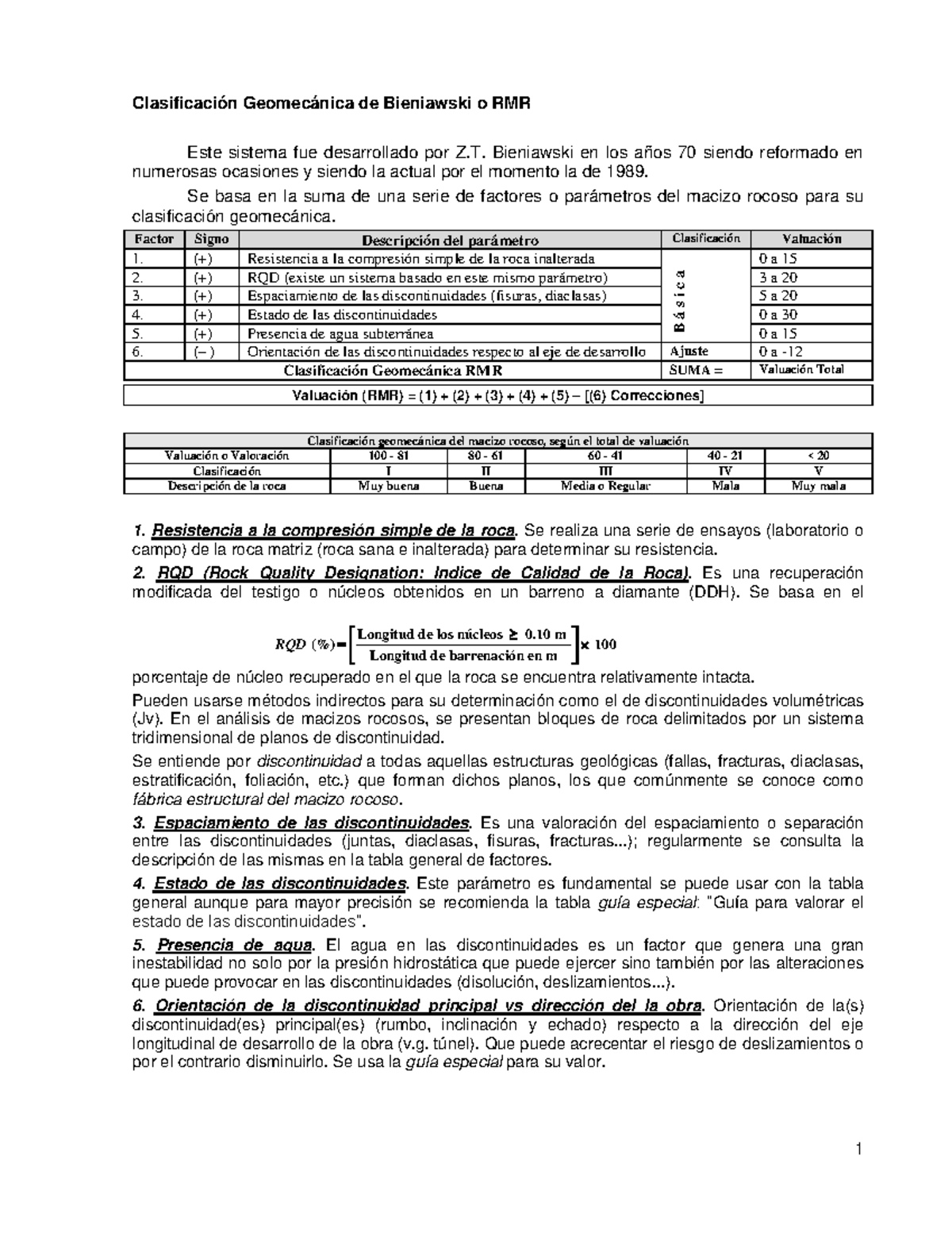 Clasificación Geomecánica RMR de Bieniawski (1989): Parámetros y ...