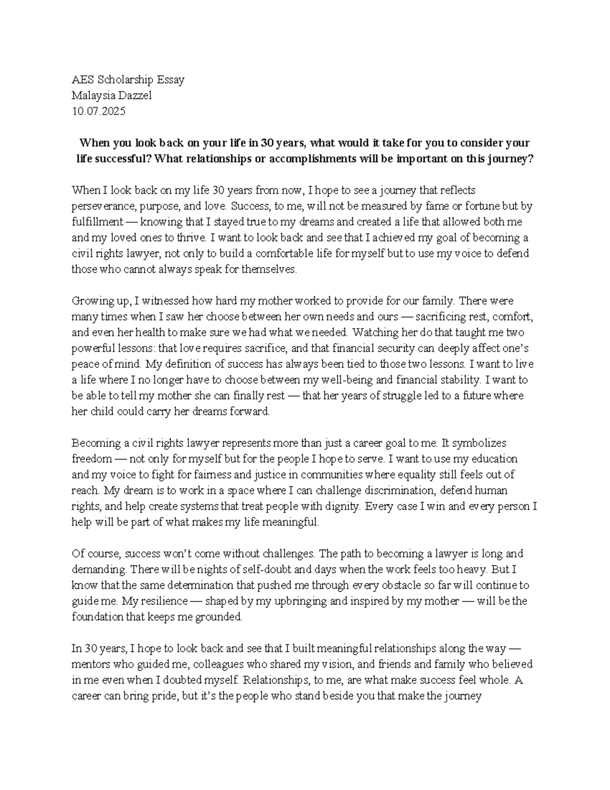 AES Scholarship Essay: Defining Success in 30 Years - Studocu