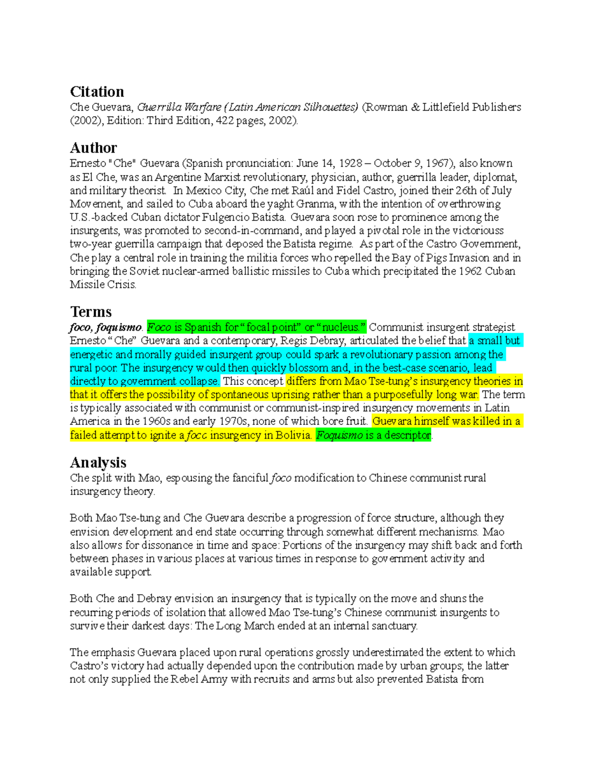 Che Notes - Summary Guerrilla Warfare - Citation Che Guevara, Guerrilla ...