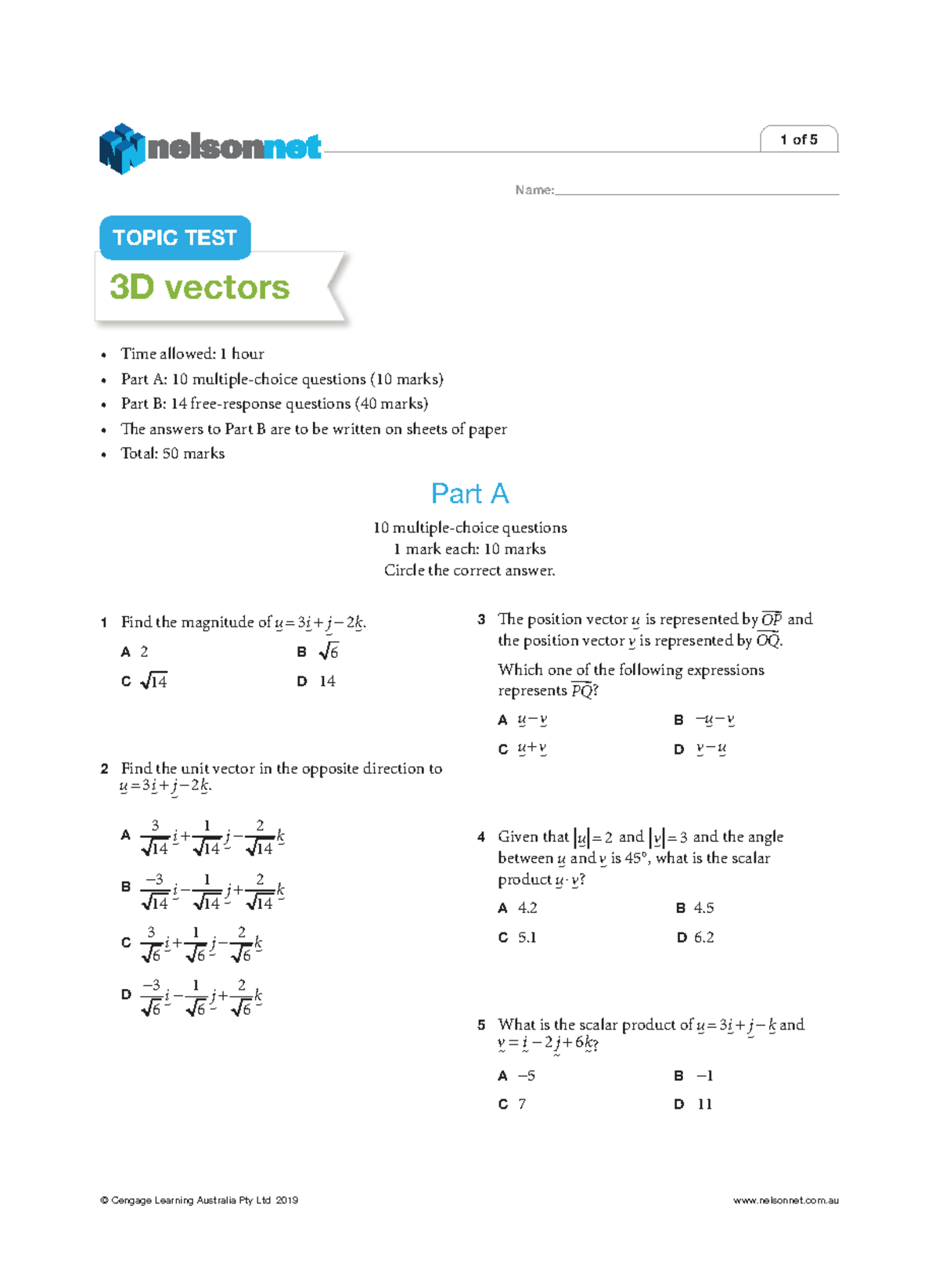 3D Vectors Practice Questions - Topic Test 3 - Studocu