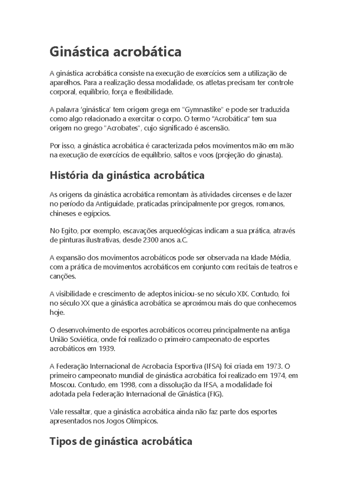 Ginástica Acrobática: História e Tipos de Competição Ea D - Studocu