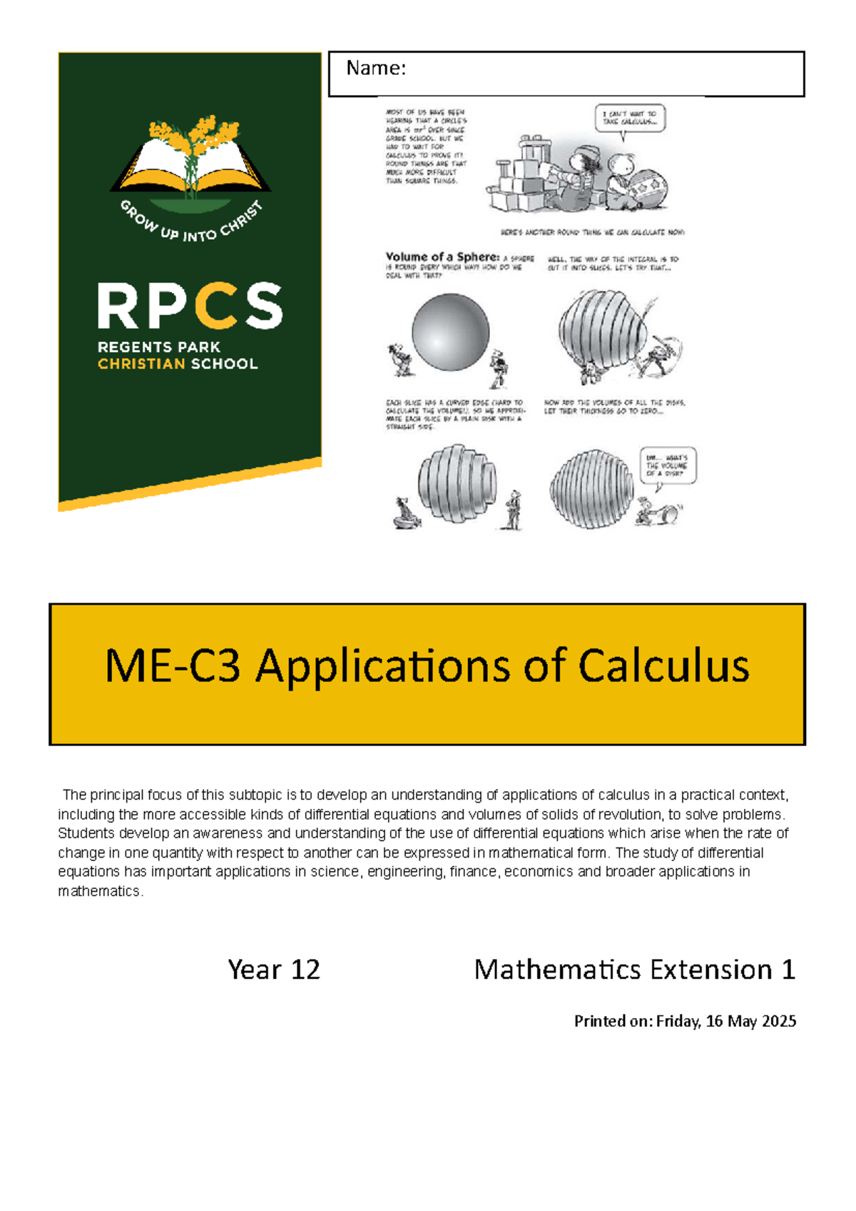 Applications of Calculus in Year 12 Mathematics Extension 1 - Studocu