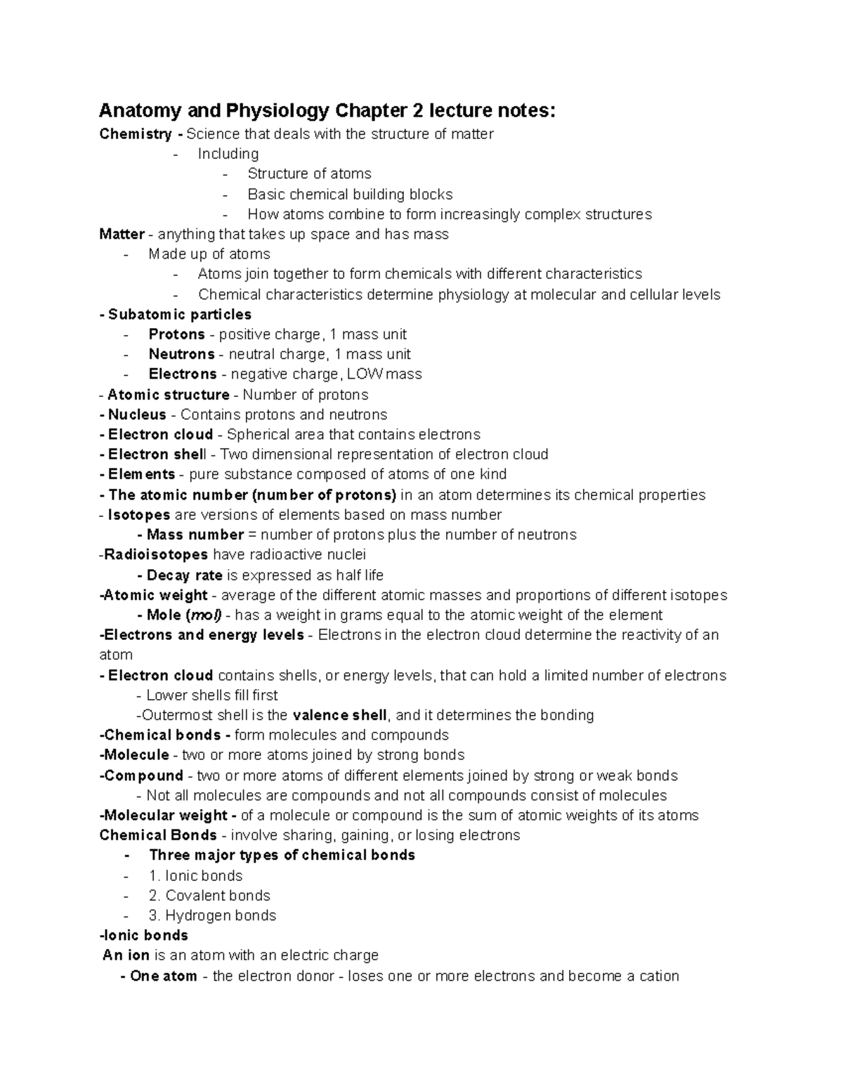 A&P Chapter 2 Exam #2 Notes: Chemistry and Atomic Structure Insights ...